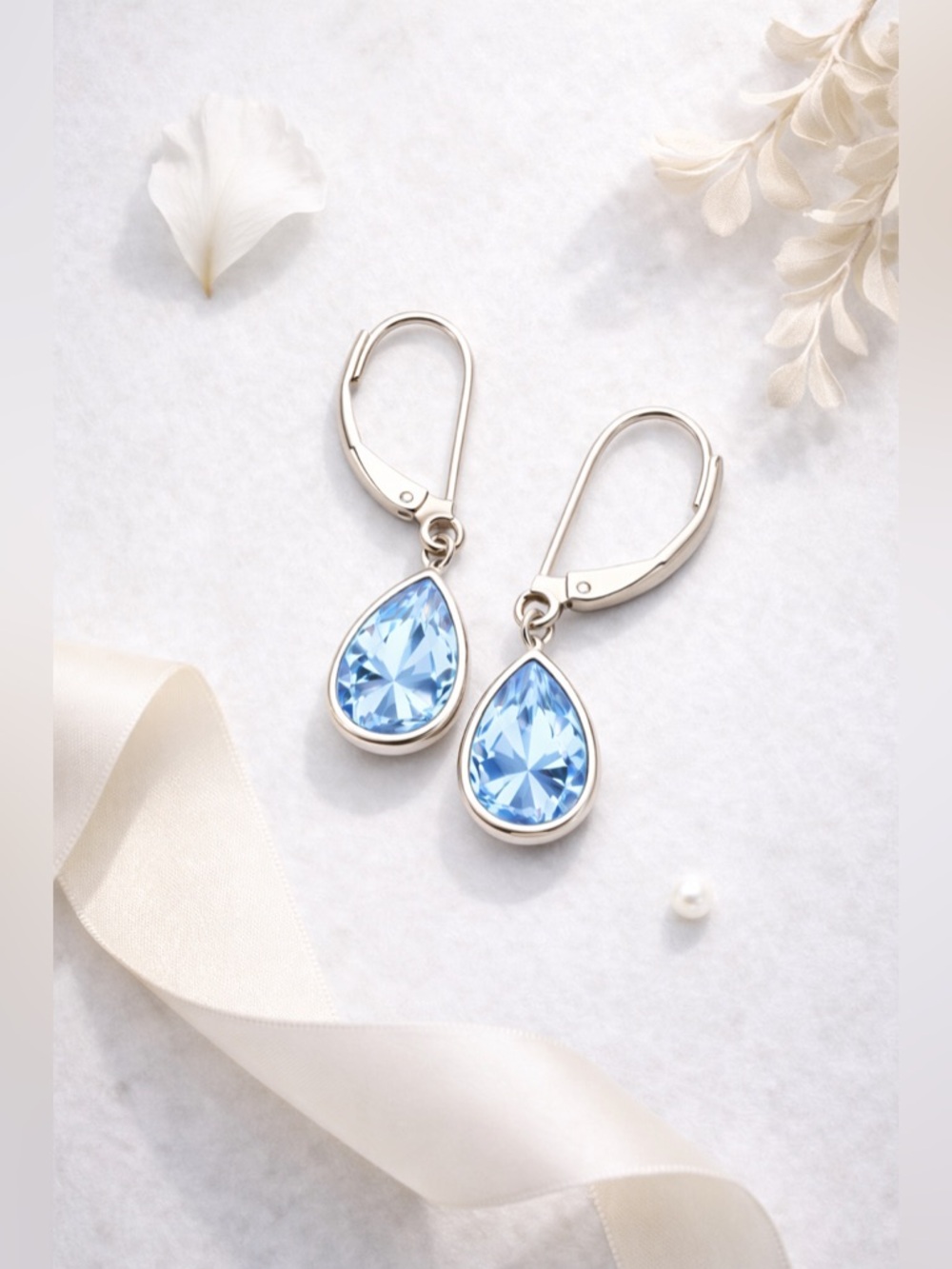 14K White Gold Blue Topaz Pear Bezel Leverback Earrings XRF Auth Fine Jewelry - Picture 5 of 12